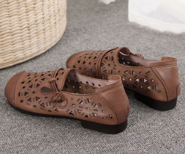 Spring and Summer New Style Genuine Leather Women's Shoes Handmade Retro Hollowed-Out Comfortable and Breathable Hole Shoes Soft Bottom