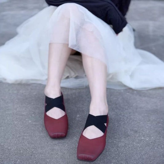 Retro Artistic Ballet Shoes - Leather Square-Toe Single Shoes with Slender Opening and Flat Bottom