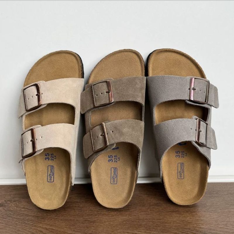 Spring and Summer Leather Bocken Shoes Casual Cowhide Leather Upper Sandals Cork Flat Slippers Women's Bocken Outerwear Shoes