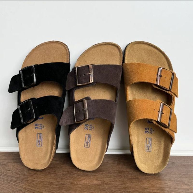 Spring and Summer Leather Bocken Shoes Casual Cowhide Leather Upper Sandals Cork Flat Slippers Women's Bocken Outerwear Shoes
