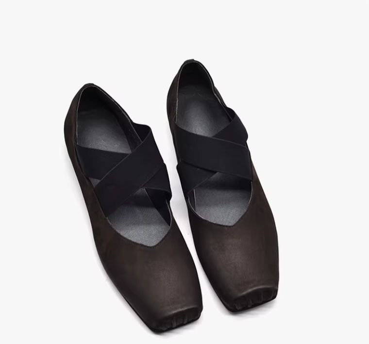 Retro Artistic Ballet Shoes - Leather Square-Toe Single Shoes with Slender Opening and Flat Bottom