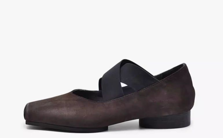 Retro Artistic Ballet Shoes - Leather Square-Toe Single Shoes with Slender Opening and Flat Bottom