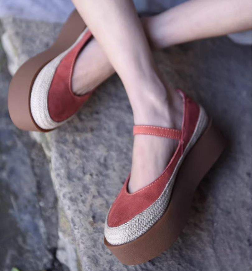 Retro Handmade Shoes Leather Low-Heeled Women's Waterproof Platform Slip-on Shoes with Buckle Thick Sole