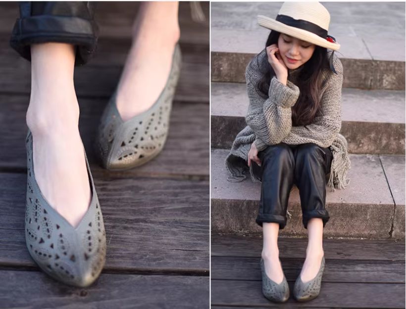 Retro and Comfortable Sheepskin Hollowed-Out Platform Low-Heeled Pointed-toe Women's Shoes