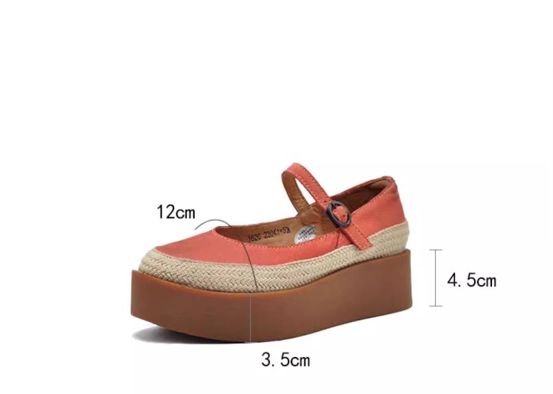 Retro Handmade Shoes Leather Low-Heeled Women's Waterproof Platform Slip-on Shoes with Buckle Thick Sole