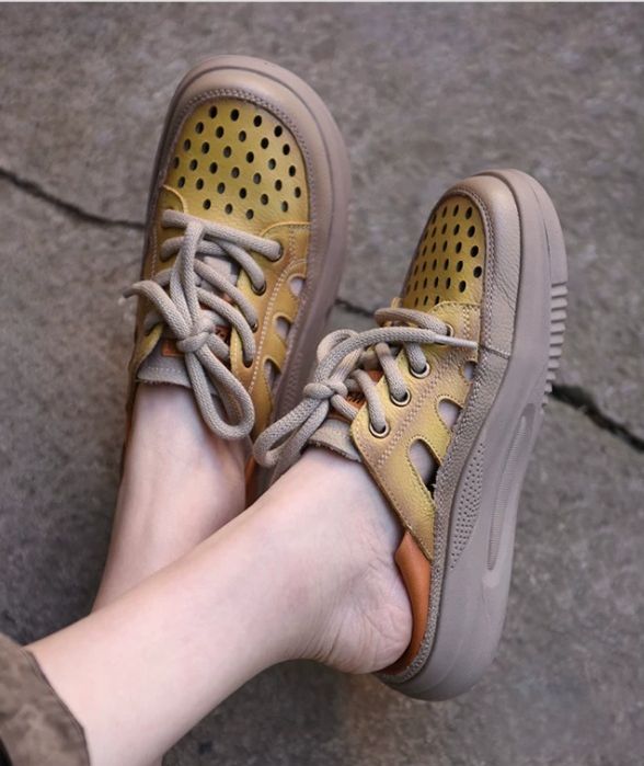 Rounded-Toe Platform Leather Slip-on Sandals For Women