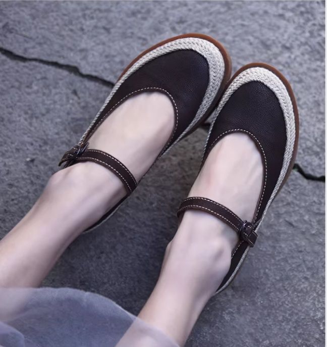Retro Handmade Shoes Leather Low-Heeled Women's Waterproof Platform Slip-on Shoes with Buckle Thick Sole