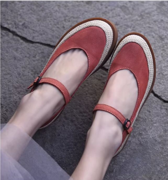 Retro Handmade Shoes Leather Low-Heeled Women's Waterproof Platform Slip-on Shoes with Buckle Thick Sole