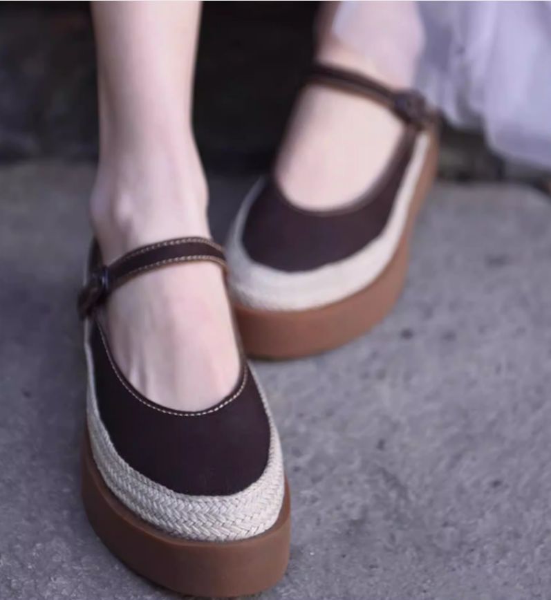 Retro Handmade Shoes Leather Low-Heeled Women's Waterproof Platform Slip-on Shoes with Buckle Thick Sole