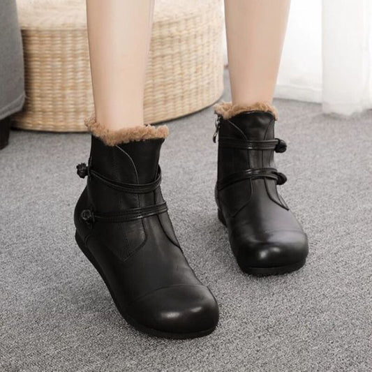Winter New Style Genuine Leather Women's Boots, Top-grain Cowhide With Fleece Lining,Flat-bottomed Short Boots, Cotton Shoes