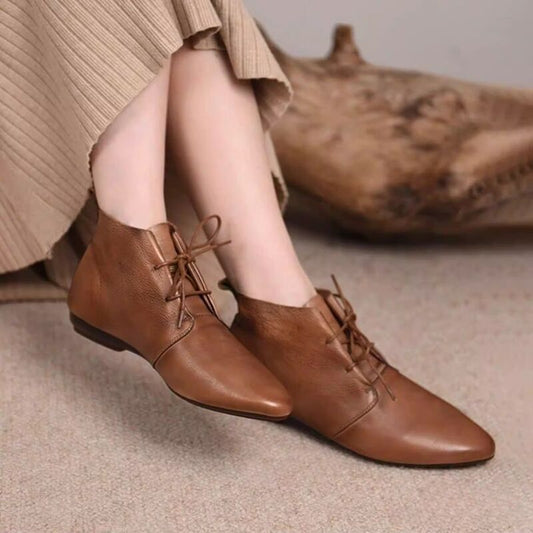 Women's Flat Shoes Lace-up Ankle Boots Retro Pointed-Toe Short Boots