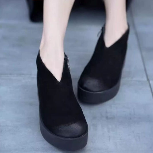 Retro Women's Shoes - New Style Thick-soled Ankle Boots, Women's Waterproof Platform Slip-on Short Boots, Genuine Leather