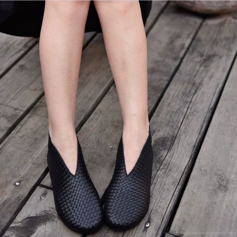 Flat Short Boots, Nude Boots, Hand-Woven Leather Women's Shoes, Genuine Leather Women's Boots