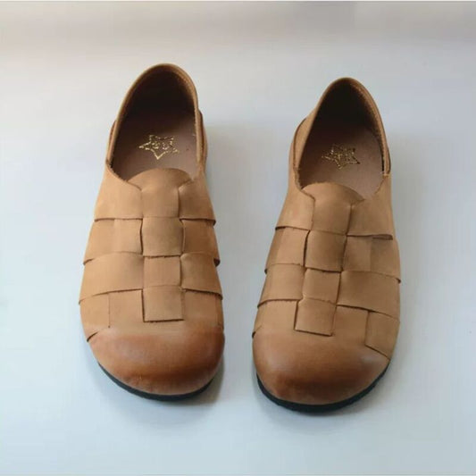 Retro Shoe with Genuine Leather Soft Sole Ankle Strap Woven Style Retro Charm