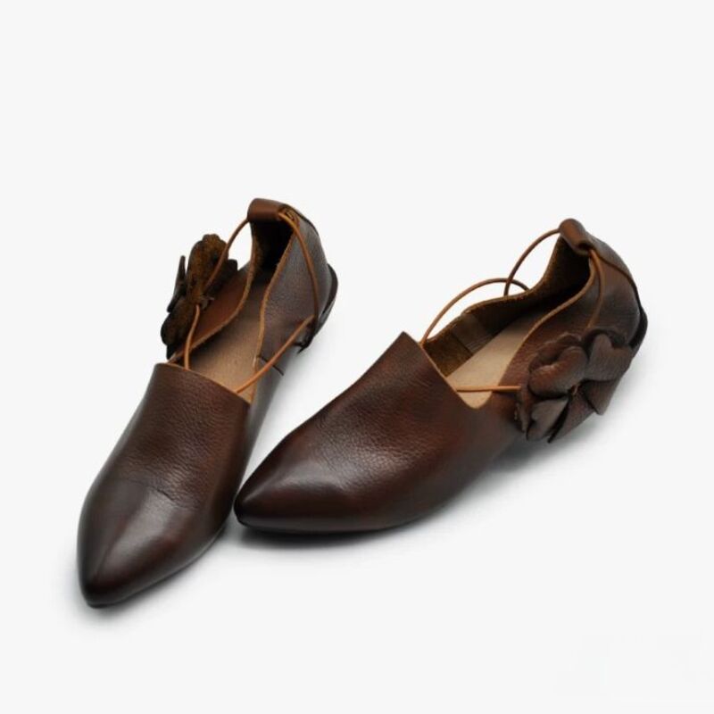 Handmade Leather Flower Shoes for Women in Brown/Black