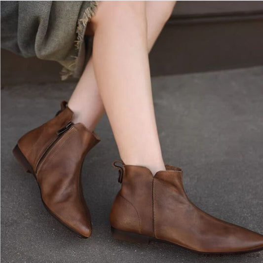 Retro Pointed-toe Short Boots for Women Flat Sole Lined with Fleece New Style Single Boot Genuine Leather Brown Black Color.