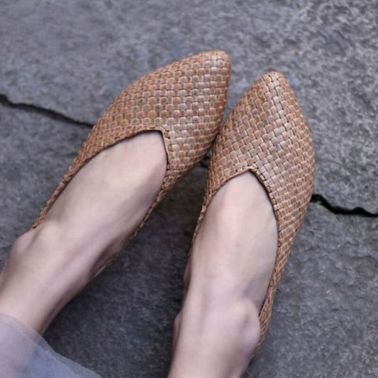 New Vintage Hand-Woven Shoes for Women Genuine Leather Flat Sole Pointed Toe