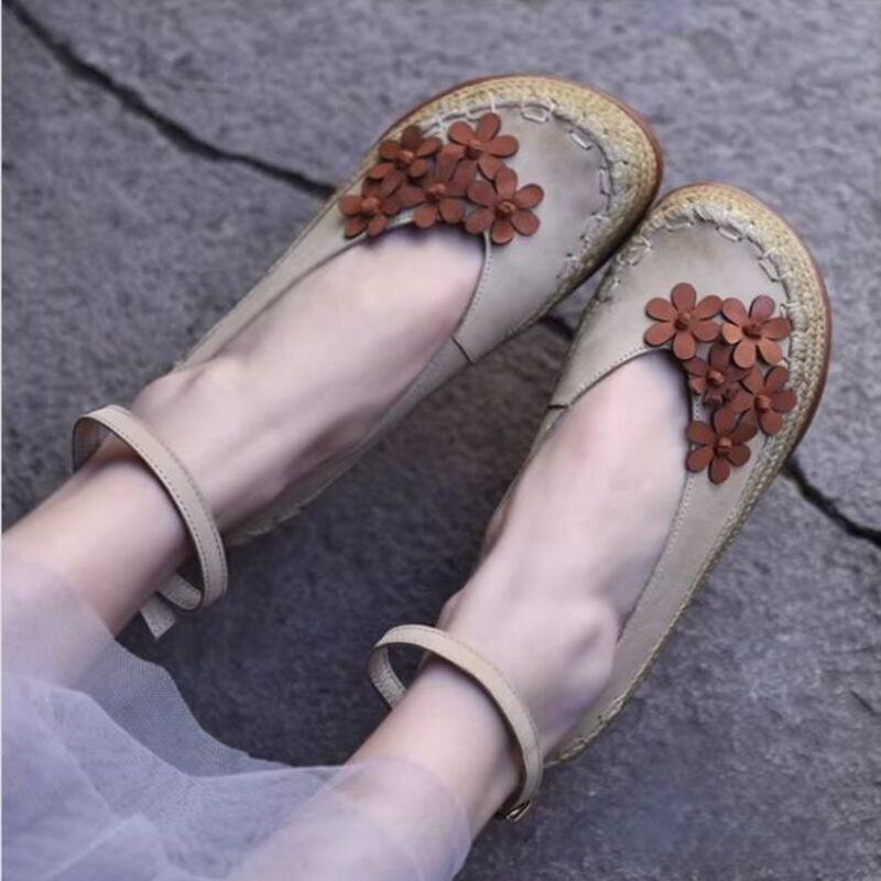 Vintage Women's Shoes Flower Leather Low-Heeled Women's Waterproof Platform Thick-soled Slip-on Shoes