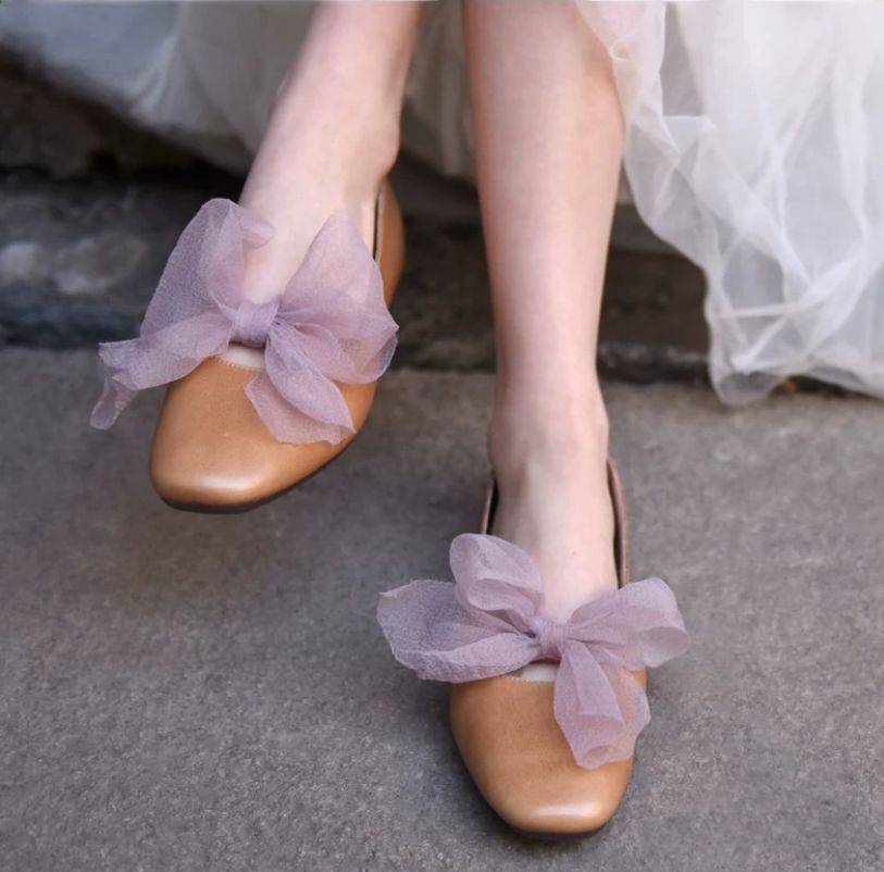 Lace-up Flat Shoes Low-cut Square Bow Tie Single Shoes for Women