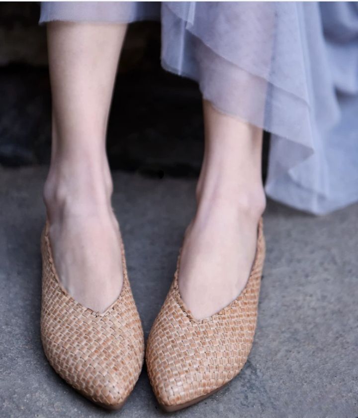 New Vintage Hand-Woven Shoes for Women Genuine Leather Flat Sole Pointed Toe