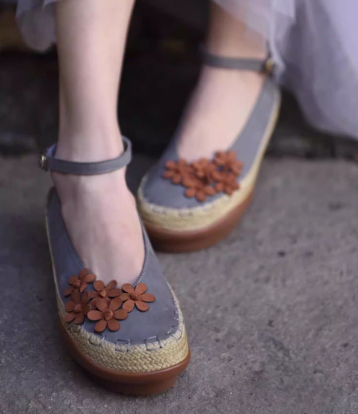 Vintage Women's Shoes Flower Leather Low-Heeled Women's Waterproof Platform Thick-soled Slip-on Shoes