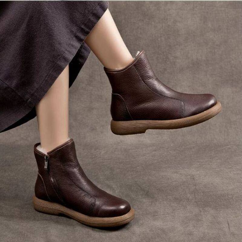Leather and Fleece-Lined Cotton Boots for Women, Warm Wool Snow Boots with Thick Soles and Anti-slip Rubber Soles, Short Leather Boots