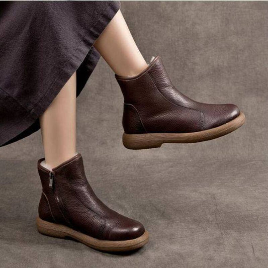 Leather and Fleece-Lined Cotton Boots for Women, Warm Wool Snow Boots with Thick Soles and Anti-slip Rubber Soles, Short Leather Boots