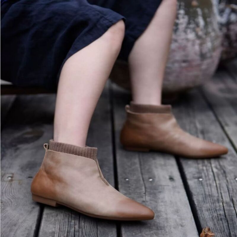 Handmade Flat Boots Knitted and Comfortable Suitable for All Occasions Mom Shoes Made of Genuine Leather Women's Boots