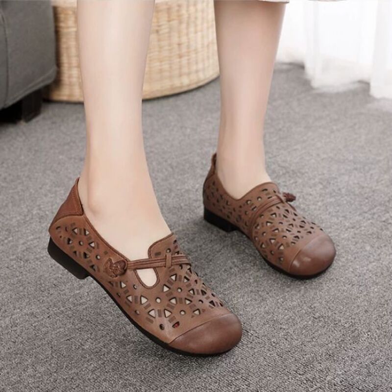 Spring and Summer New Style Genuine Leather Women's Shoes Handmade Retro Hollowed-Out Comfortable and Breathable Hole Shoes Soft Bottom