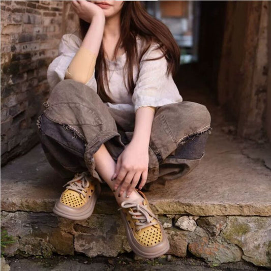 Rounded-Toe Platform Leather Slip-on Sandals For Women