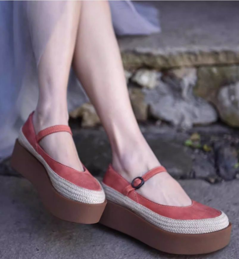Retro Handmade Shoes Leather Low-Heeled Women's Waterproof Platform Slip-on Shoes with Buckle Thick Sole