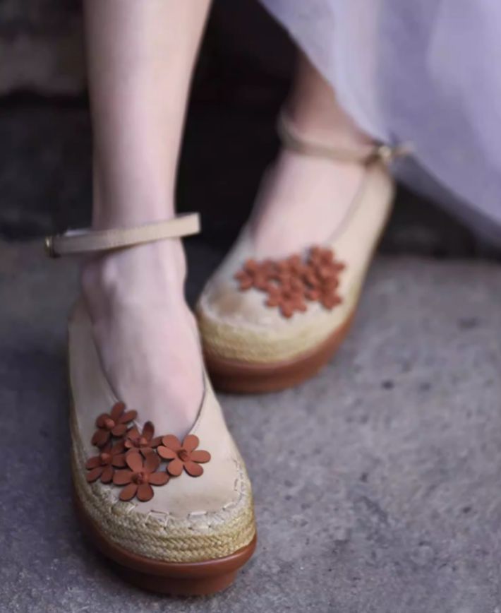 Vintage Women's Shoes Flower Leather Low-Heeled Women's Waterproof Platform Thick-soled Slip-on Shoes