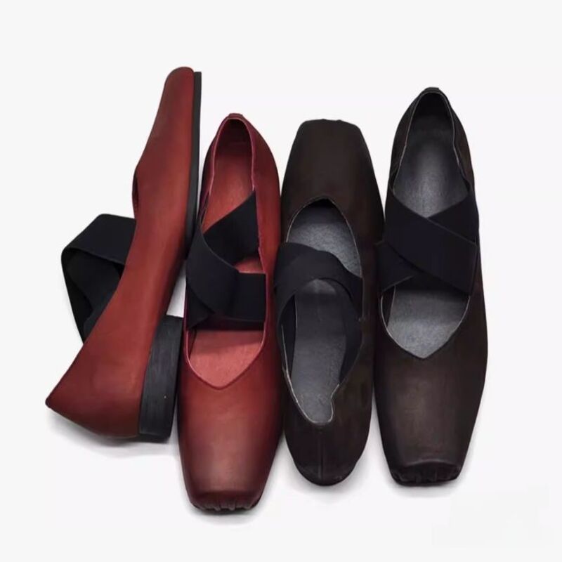 Retro Artistic Ballet Shoes - Leather Square-Toe Single Shoes with Slender Opening and Flat Bottom