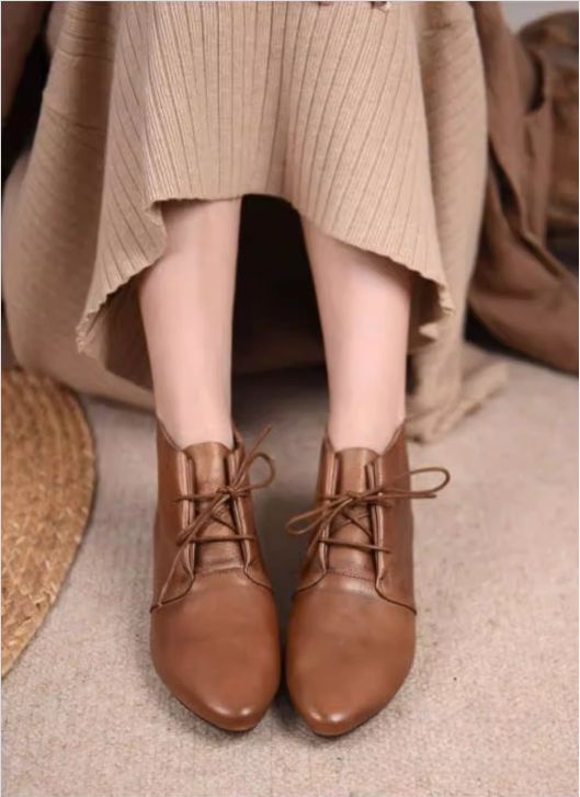 Women's Flat Shoes Lace-up Ankle Boots Retro Pointed-Toe Short Boots