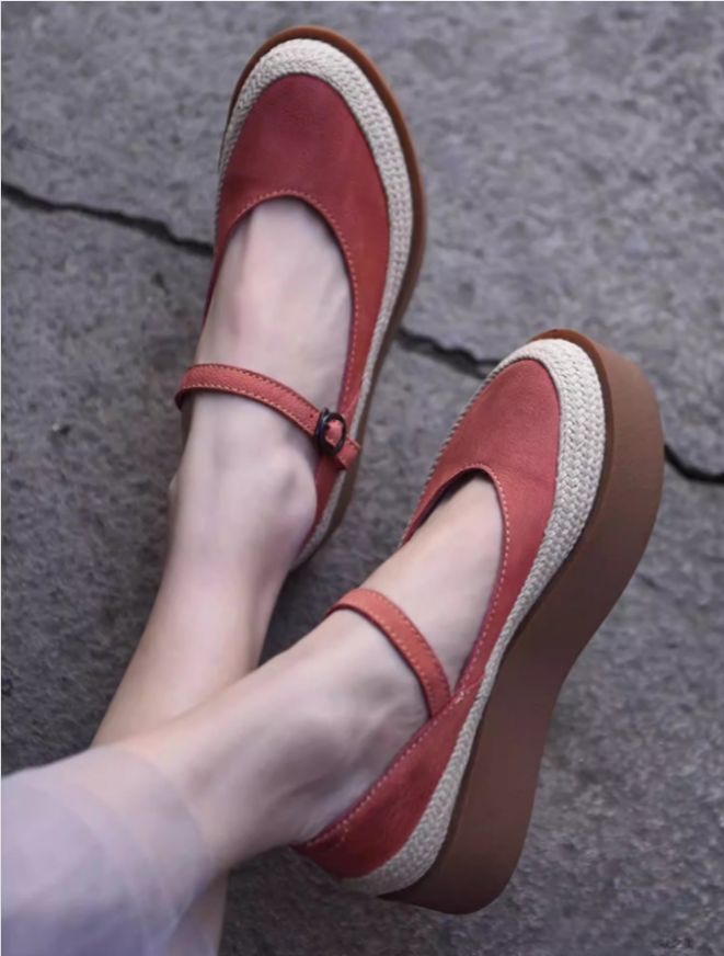 Retro Handmade Shoes Leather Low-Heeled Women's Waterproof Platform Slip-on Shoes with Buckle Thick Sole