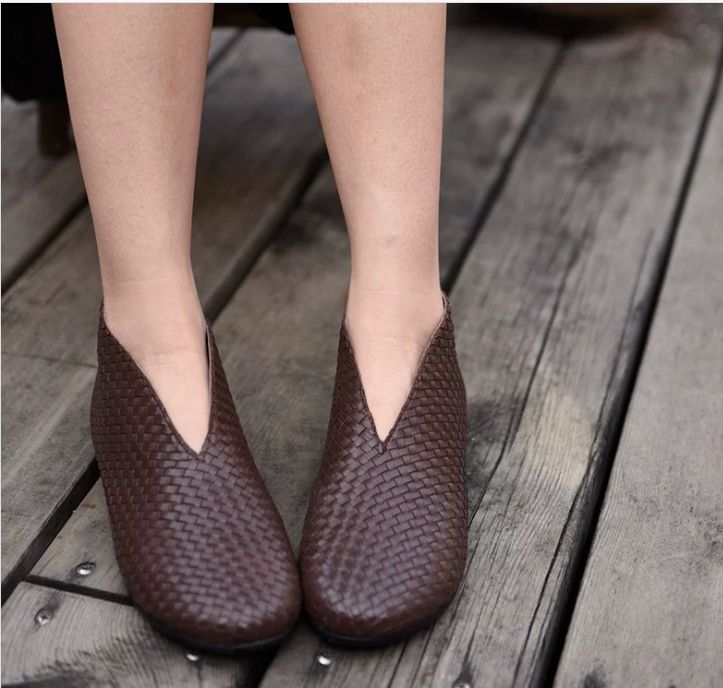 Flat Short Boots, Nude Boots, Hand-Woven Leather Women's Shoes, Genuine Leather Women's Boots