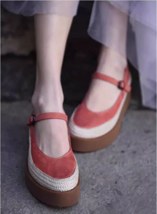 Retro Handmade Shoes Leather Low-Heeled Women's Waterproof Platform Slip-on Shoes with Buckle Thick Sole
