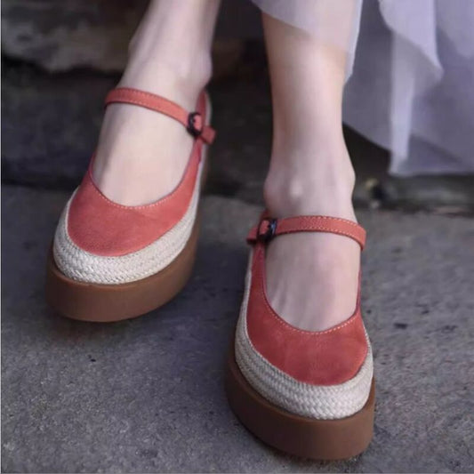 Retro Handmade Shoes Leather Low-Heeled Women's Waterproof Platform Slip-on Shoes with Buckle Thick Sole